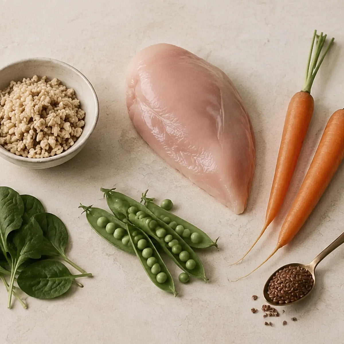 Chicken, brown rice, carrots, peas, spinach and flaxseed