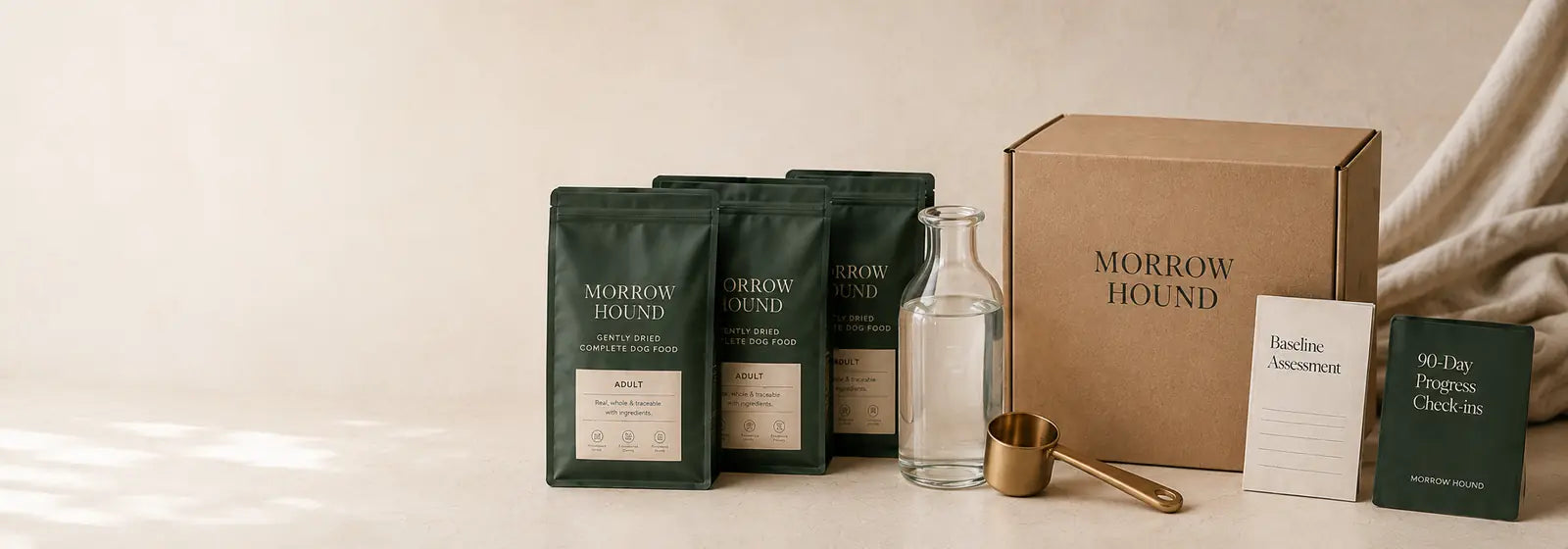Morrow Hound first 90 day food, box, scoop and progress guides