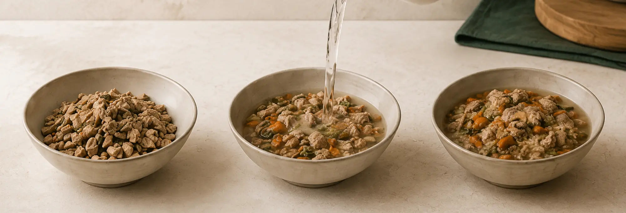 Dehydrated dog food becoming a fresh warm meal with water