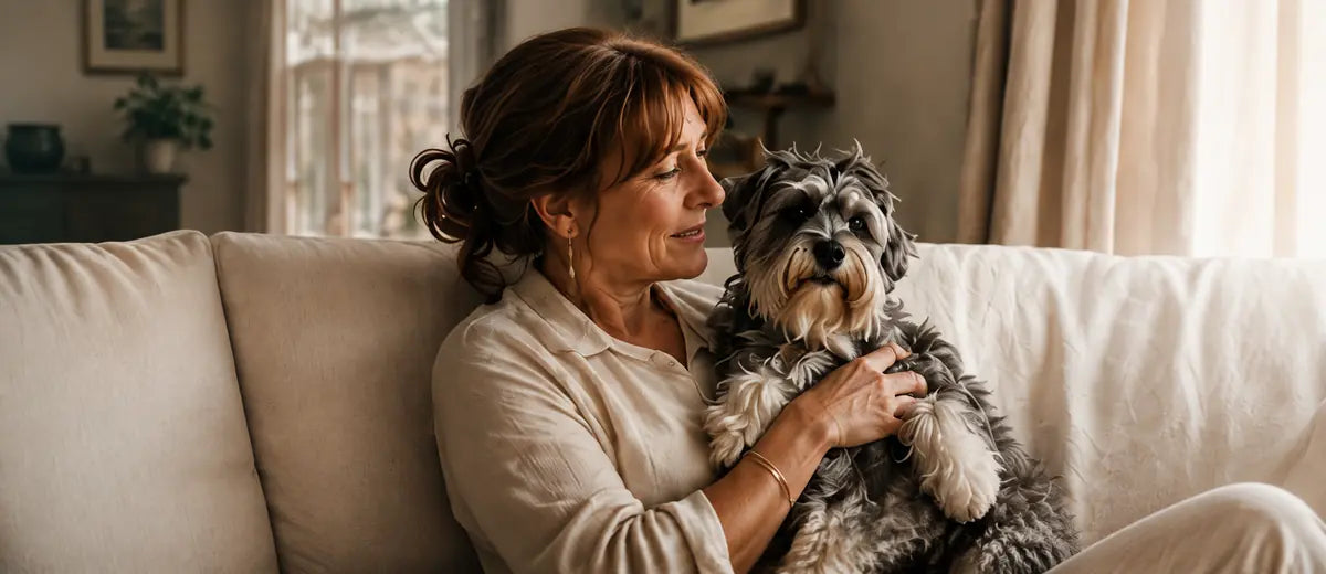 A woman sharing a quiet moment at home with her dog